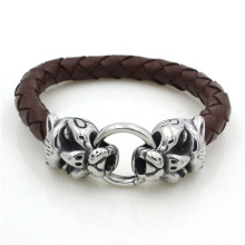 stainless steel tiger head mens steel bracelet with leather biker jewelry bracelet wholesale